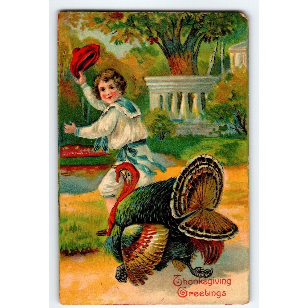 Thanksgiving Postcard Victorian Child Wild Turkey Embossed Greetings Saxony